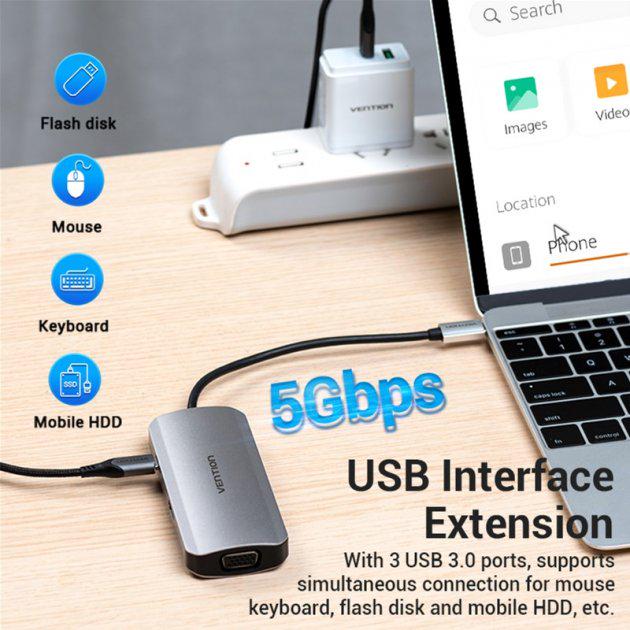 Концентратор Vention USB3,1 Type-C - HDMI/VGA/USB 3,0x3/PD 100 Вт HUB 6в1 (TOIHB) - фото 3