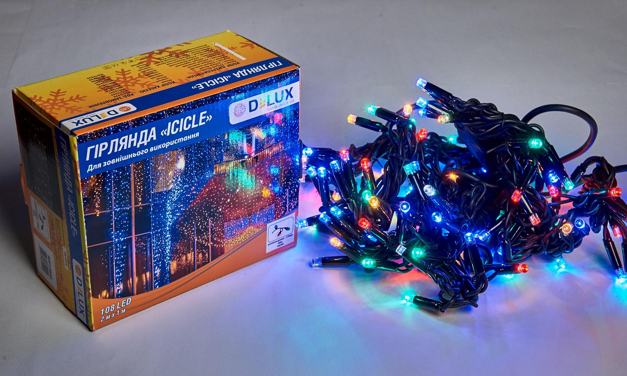 Гирлянда внешняя Delux Icicle 108 LED IP44 EN бахрома 27 flash 2x1 м Разноцветный/Черный (90012950)
