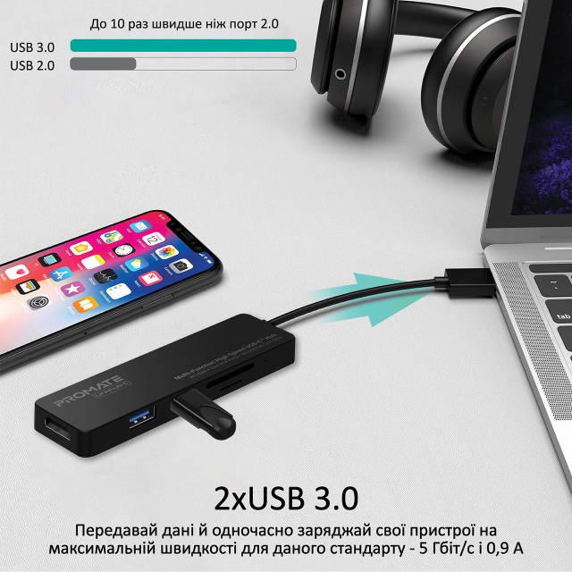 USB-C хаб 4-в-1 Promate LinkHub-C HDMI/2xUSB 3.0/SD/MicroSD Black - фото 4