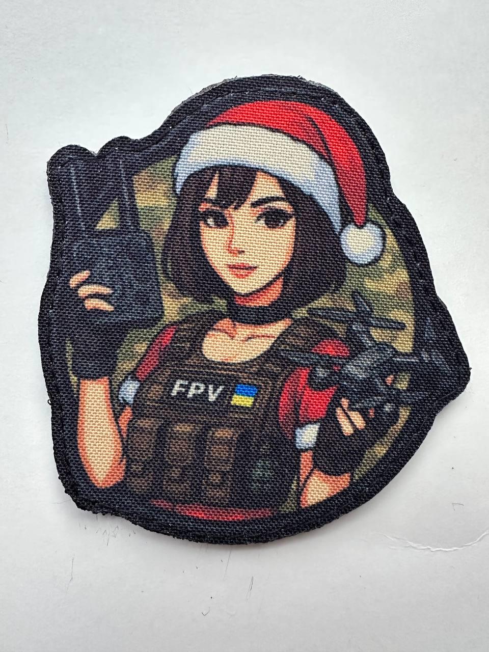 Шеврон Новогодний Tactical girl с дроном FPV фигурный на липучке Мультикам (GIRL_FPV_SANTA)