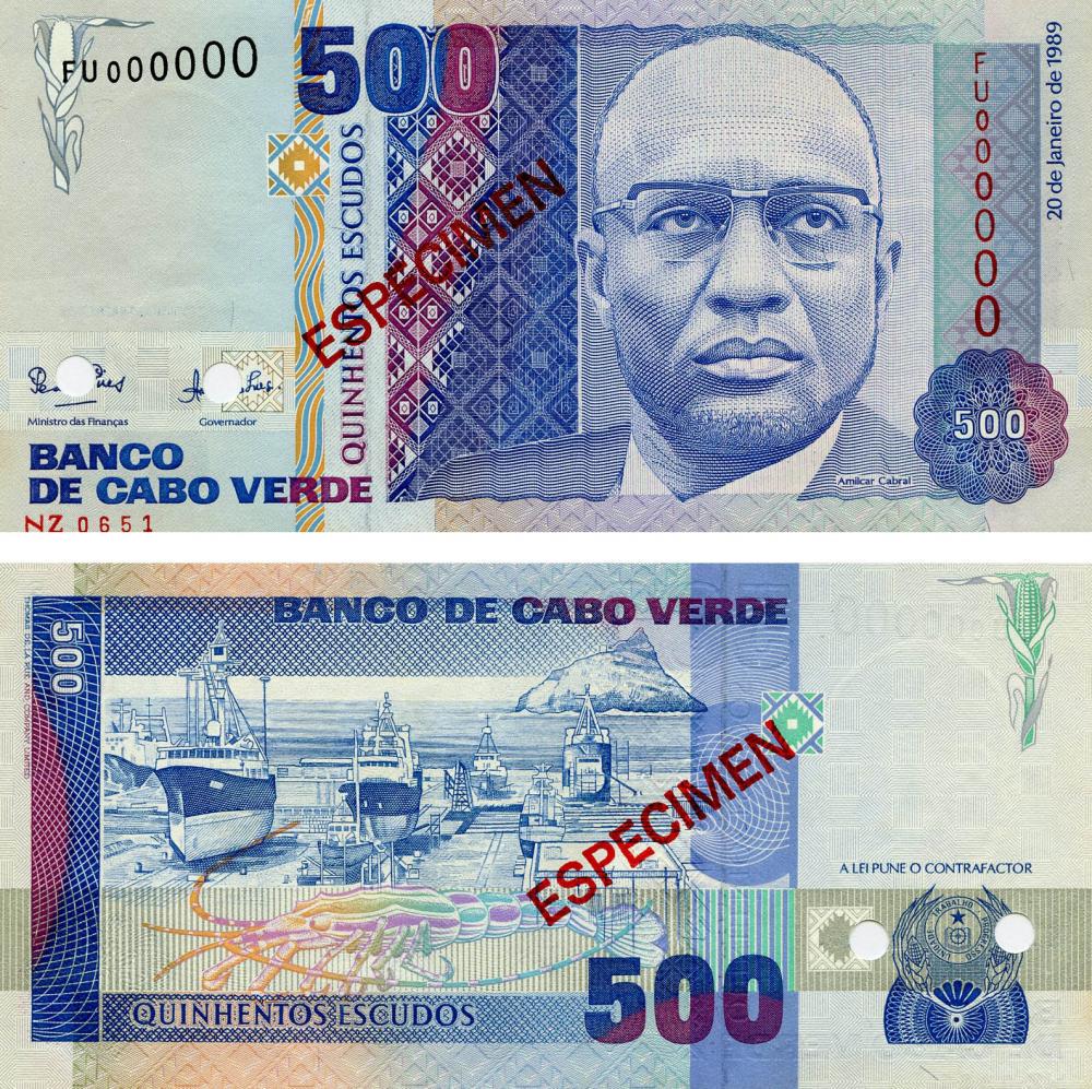 Коллекционная банкнота Кабо-Верде 500 эскудо 1989 UNC Образец Корабли P59s (Б13492)