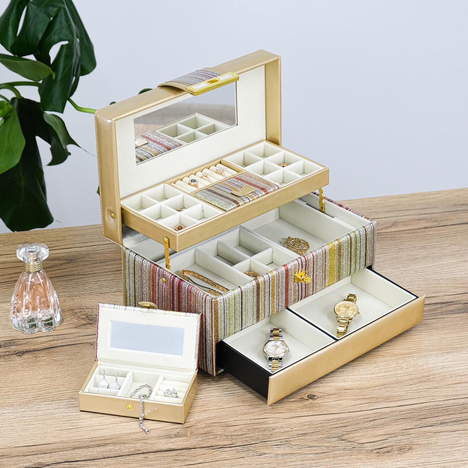 Шкатулка для украшений Гранд Презент трехслойный с зеркалом 30х18,5х16,2 см Золотой (JZ-015-4)