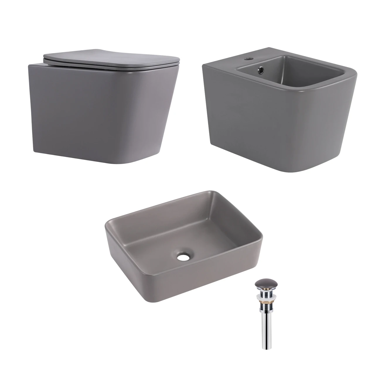 Комплект Qtap Tern Stone grey 3в1 подвесной унитаз Ultra Quiet/биде подвесное/раковина накладная (QTTERSG49162)