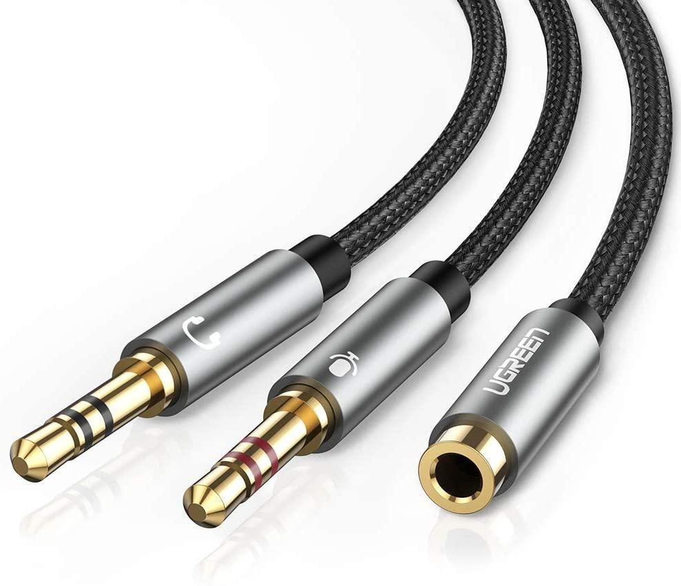 Сплиттер Ugreen переходник-разветвитель 3,5 мм 2 AM to 3,5 мм AF с нейлоновой оплеткой 20 см Metal Black (AV140)