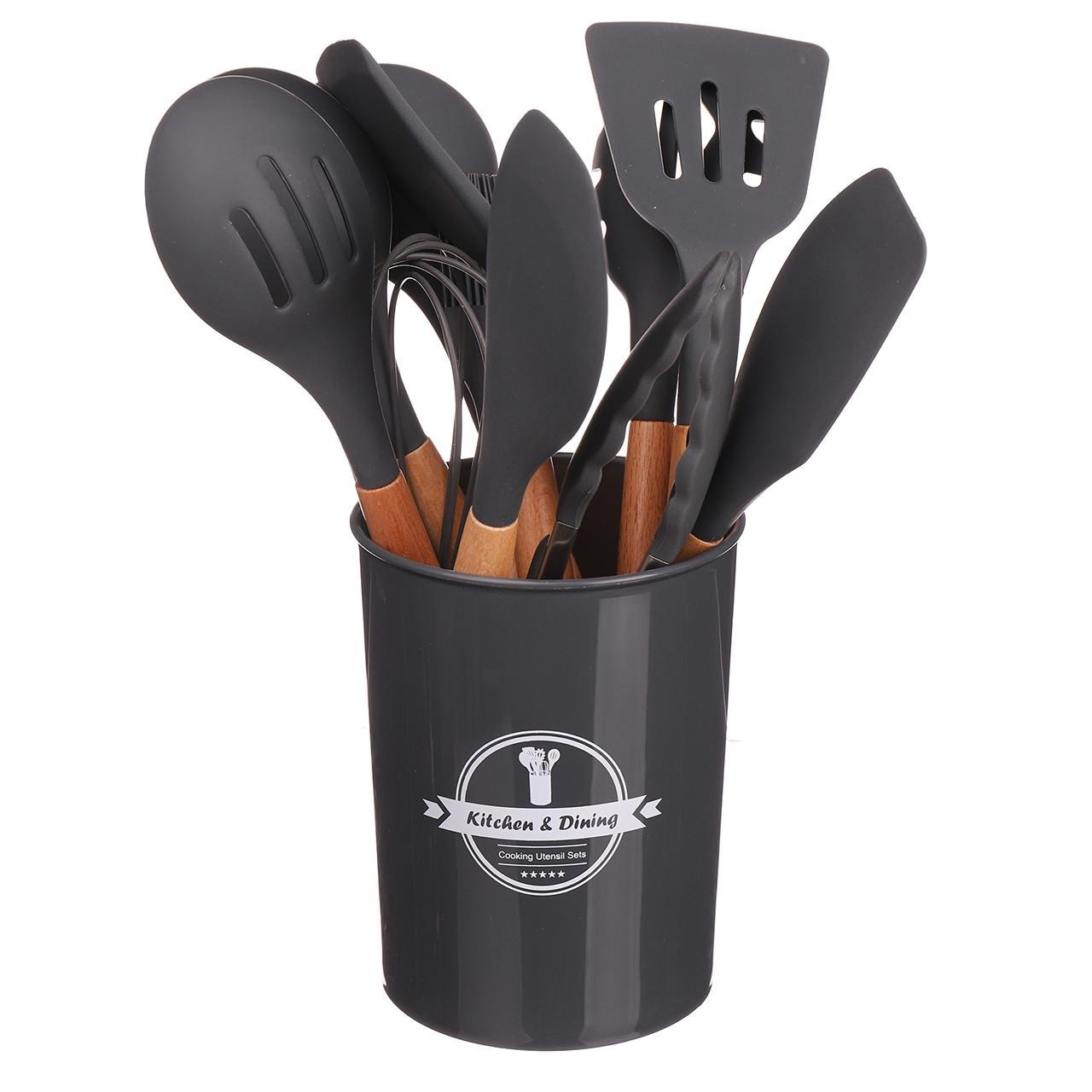 Набор кухонных принадлежностей A-Plus c бамбуковыми ручками 12 пр. Cерый ( 8777)