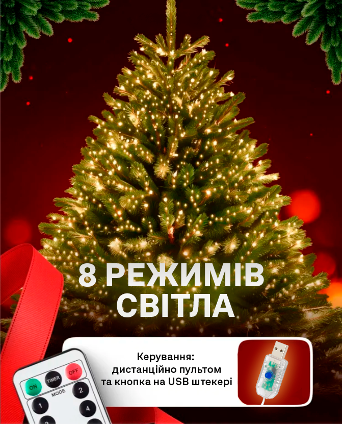 Новогодняя гирлянда Капля росы 50 м 500 LED USB с пультом 8 режимов провод зеленый Теплый белый (Е500314) - фото 10 Новогодняя гирлянда Капля росы 50 м 500 LED USB с пультом 8 режимов провод зеленый Теплый белый (Е500314) - фото 10