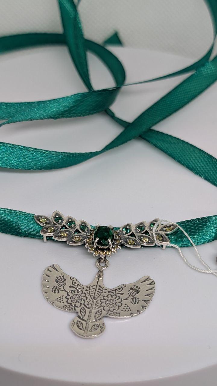 Кулон Дукач срібний 925 проби Пташка горлиця Зелений/Жовтий (2889004609)