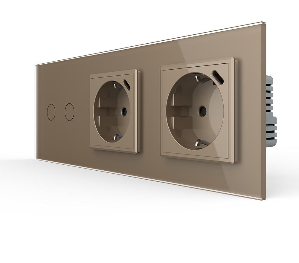 Выключатель умный Livolo двойной/сенсорный с двумя розетками USB Type-C 18 Вт с заземлением стекло Золотой