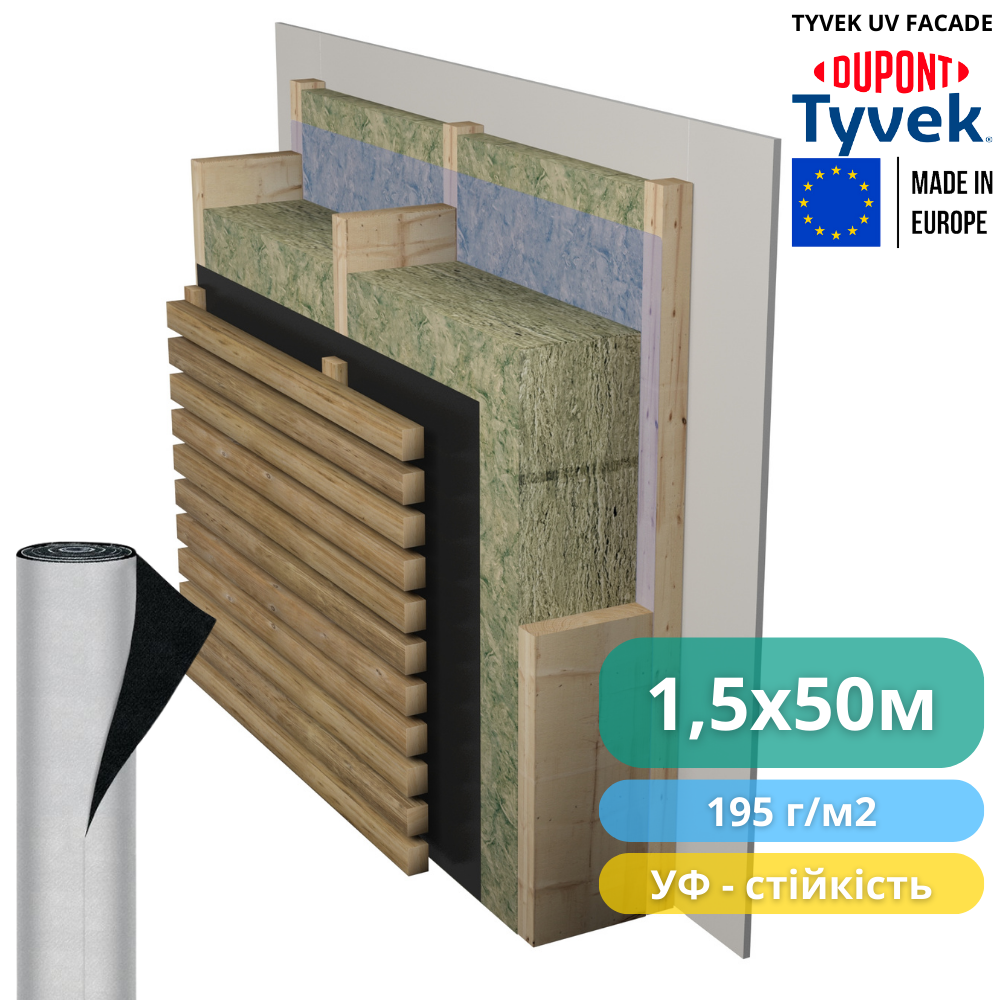 Мембрана ветроизоляционная Tyvek UV Facade 1,5x50 м 75 м2 195 г/м2 (3100251) - фото 4 Мембрана ветроизоляционная Tyvek UV Facade 1,5x50 м 75 м2 195 г/м2 (3100251) - фото 4