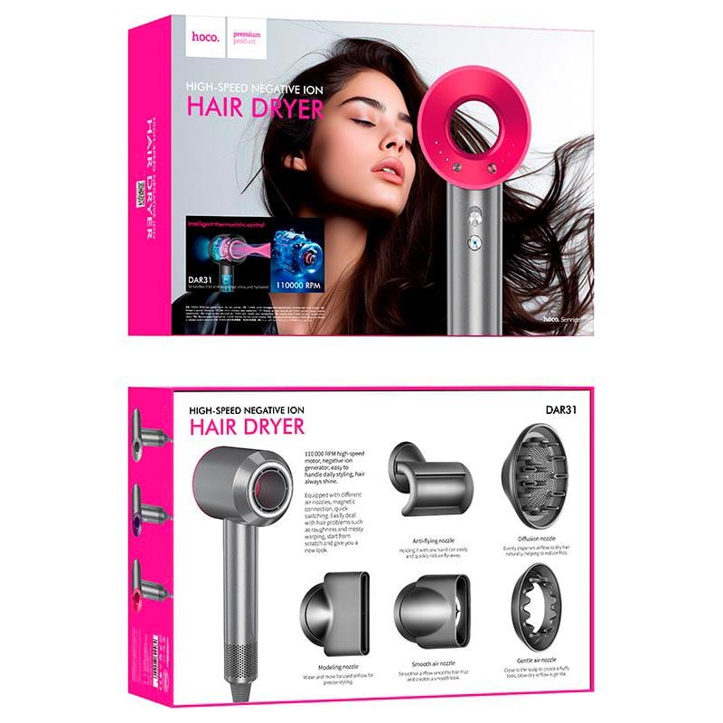 Фен для волос Hoco Wave high-speed negative ion hair care hair dryer DAR31 1500 Вт Серый/Розовый - фото 9 Фен для волос Hoco Wave high-speed negative ion hair care hair dryer DAR31 1500 Вт Серый/Розовый - фото 9