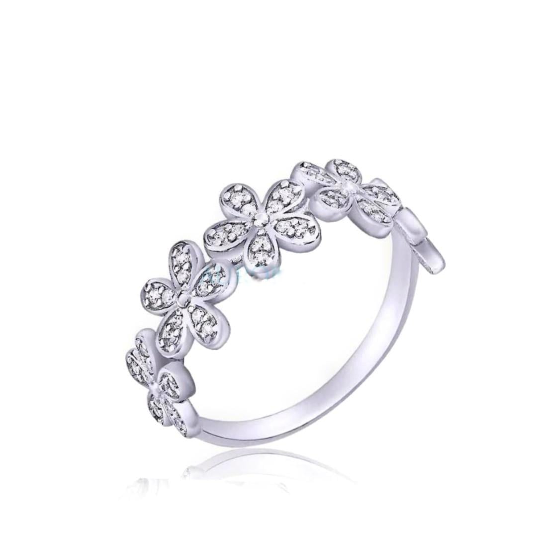 Кольцо ромашки с белыми камнями серебро 925 пробы родированное 2,43 г р. 16,5 (81060б)