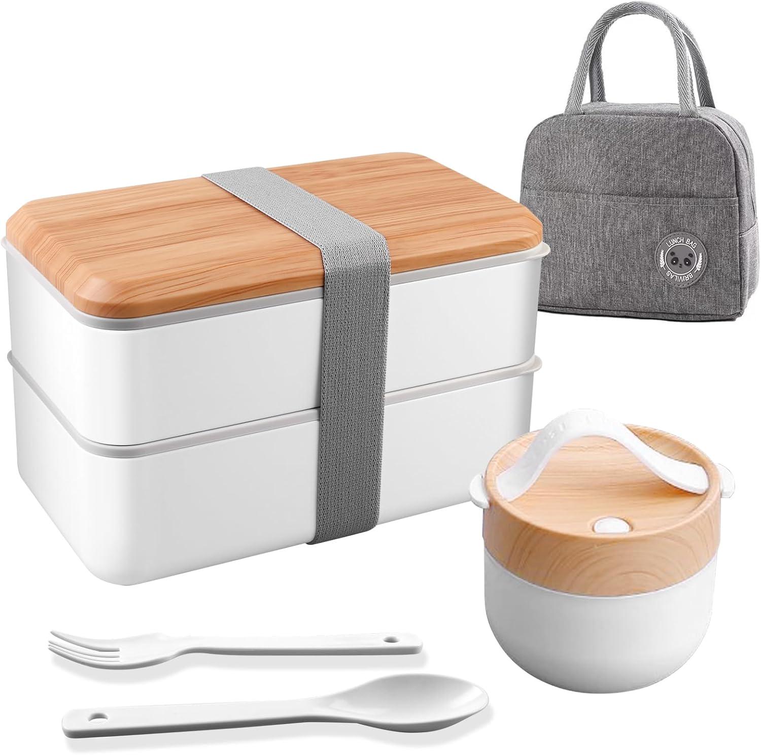 Набор для обедов Bento Box ланчбокс 2-ярусный с супницей и термосумкой 1400/600 мл с ложками и вилкой Белый