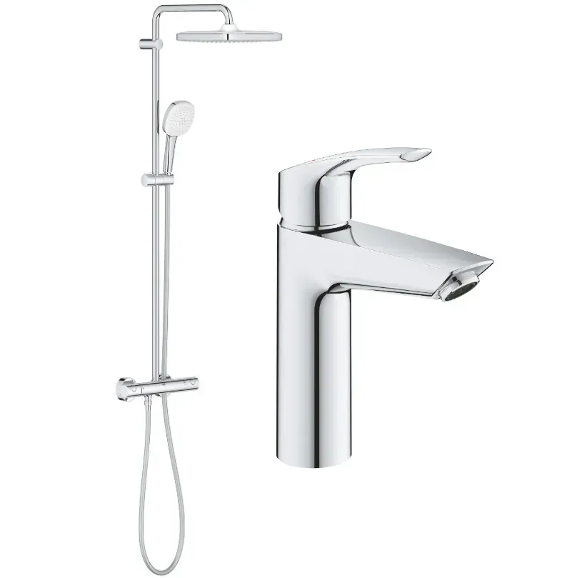 Душова система Grohe Tempesta System 250 Cube з термостатом та змішувачем на умивальник Хром (26689001+23324003)