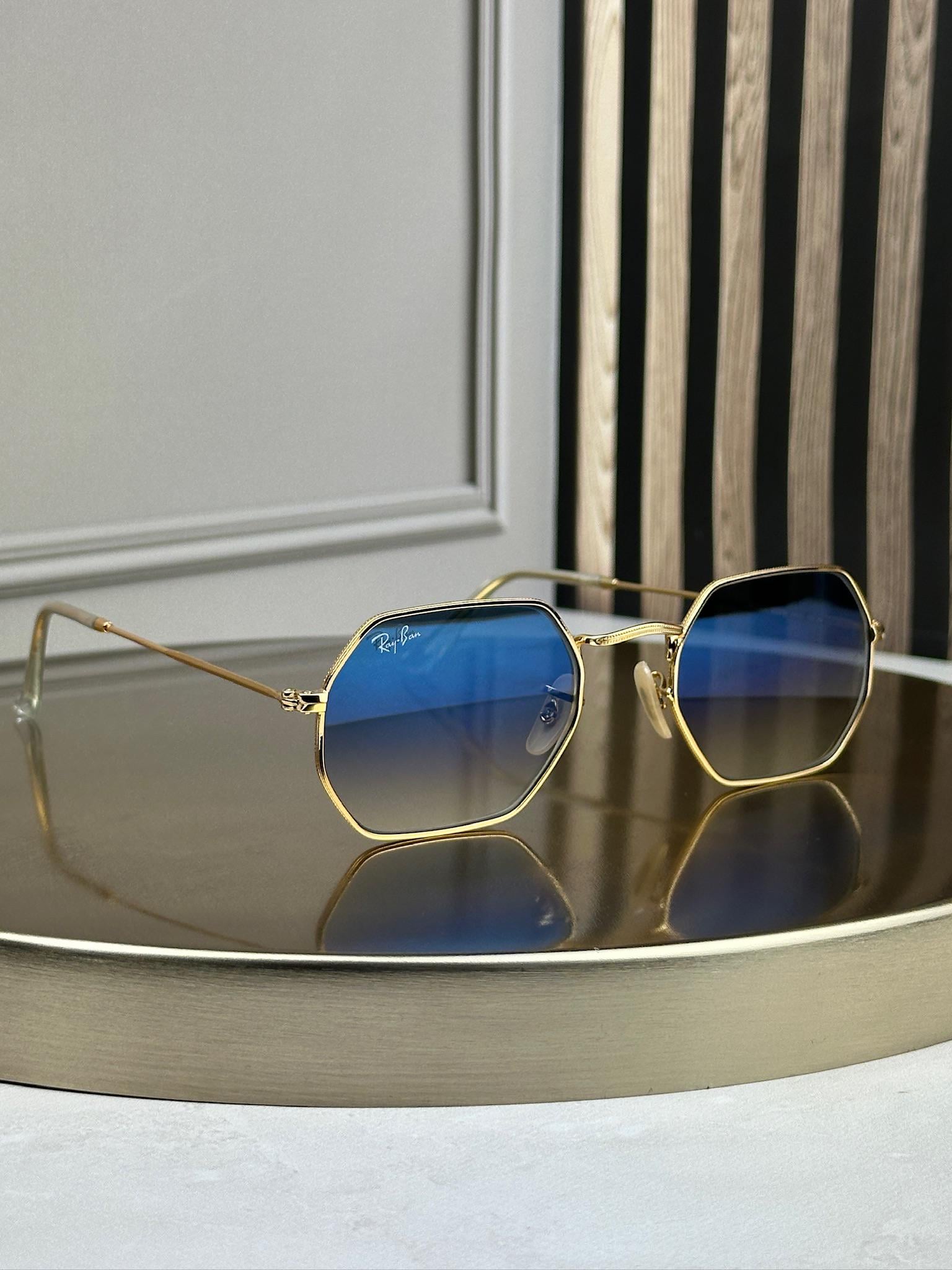 Солнцезащитные очки RAY-BAN RB3556 N Octagonal голубая градиентная линза восьмиугольная Золотой