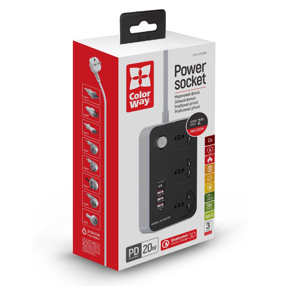 Фильтр-удлинитель сетевой СolorWay 3 розетки/4USB Black (Type-C PD20W + 3USB QC3.0) - фото 11