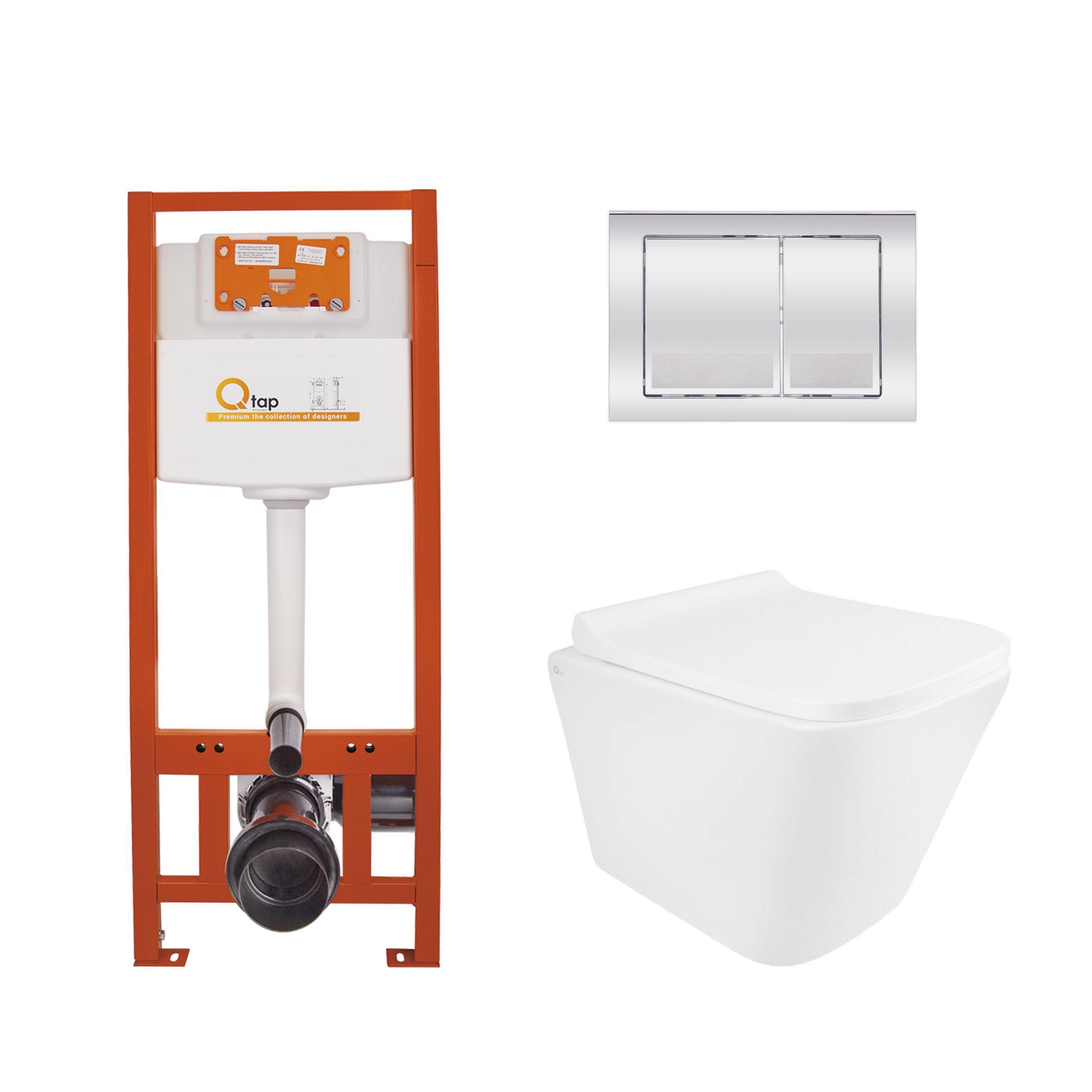 Комплект Qtap Tern Ultra Quiet подвесной унитаз QT1733052EUQW/инсталляция Nest/клавиша квадратная Chrome (QT0133M425/QT0111M06028CRM)