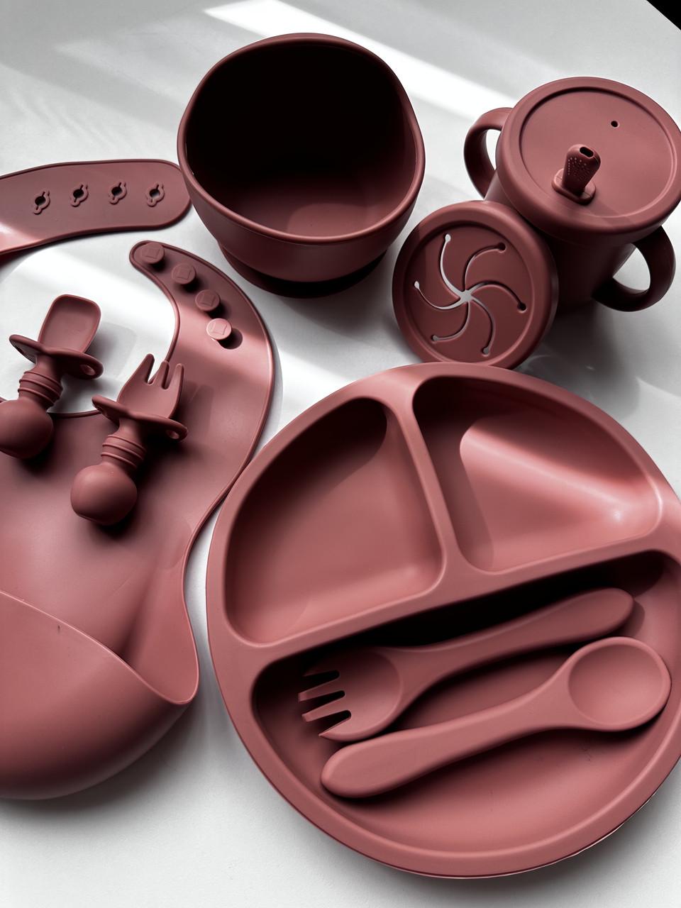 Набор посуды для кормления детей 9 элементов тарелка/миска/поильник/нагрудник Бордовый (104) - фото 4