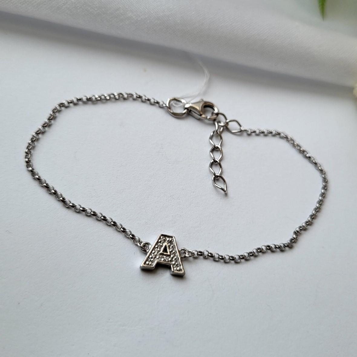 Браслет зі срібла на руку Буква А в камінцях зі срібла вкрите родієм р. 16,5-19,5 см 1,60 г 925 проба (2331р)