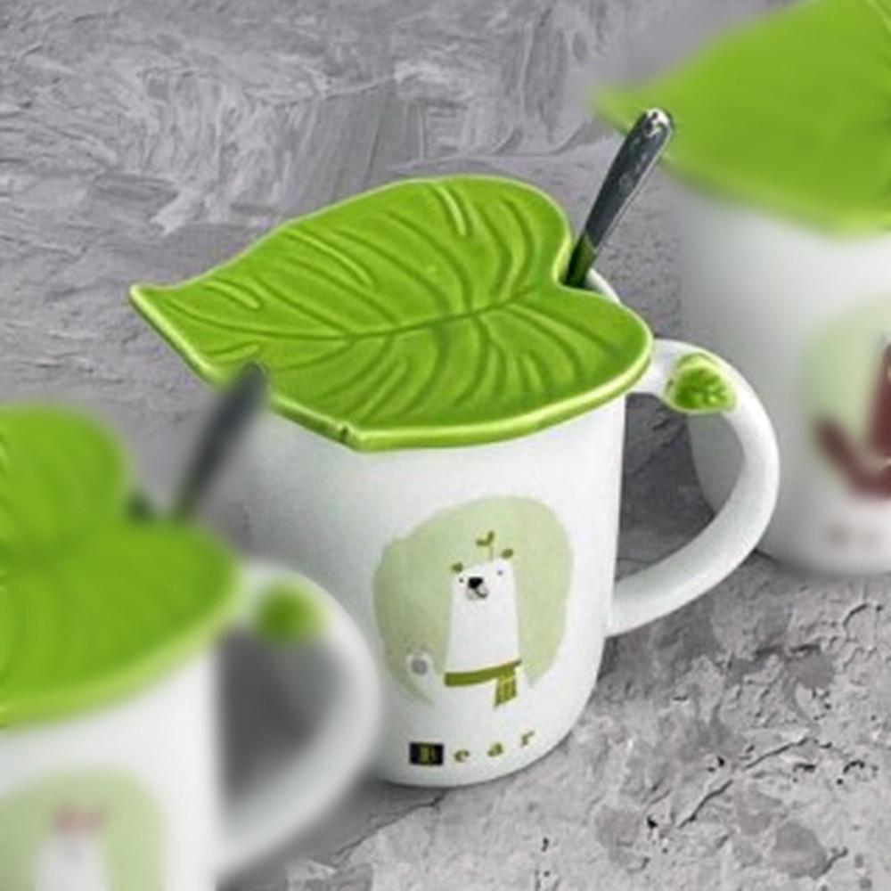 Кружка Зеленый лист/Медведь с крышкой и ложкой 350 мл (21-ведмідь-O8030-57) - фото 4