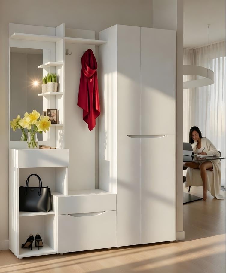 Прихожая правосторонняя модульная Мастер Форм Аякс со шкафом вешалкой/с тумбой для обуви/с зеркалом 1550х376х2000 мм Нимфея альба (30994) Прихожая правосторонняя модульная Мастер Форм Аякс со шкафом вешалкой/с тумбой для обуви/с зеркалом 1550х376х2000 мм Нимфея альба (30994)