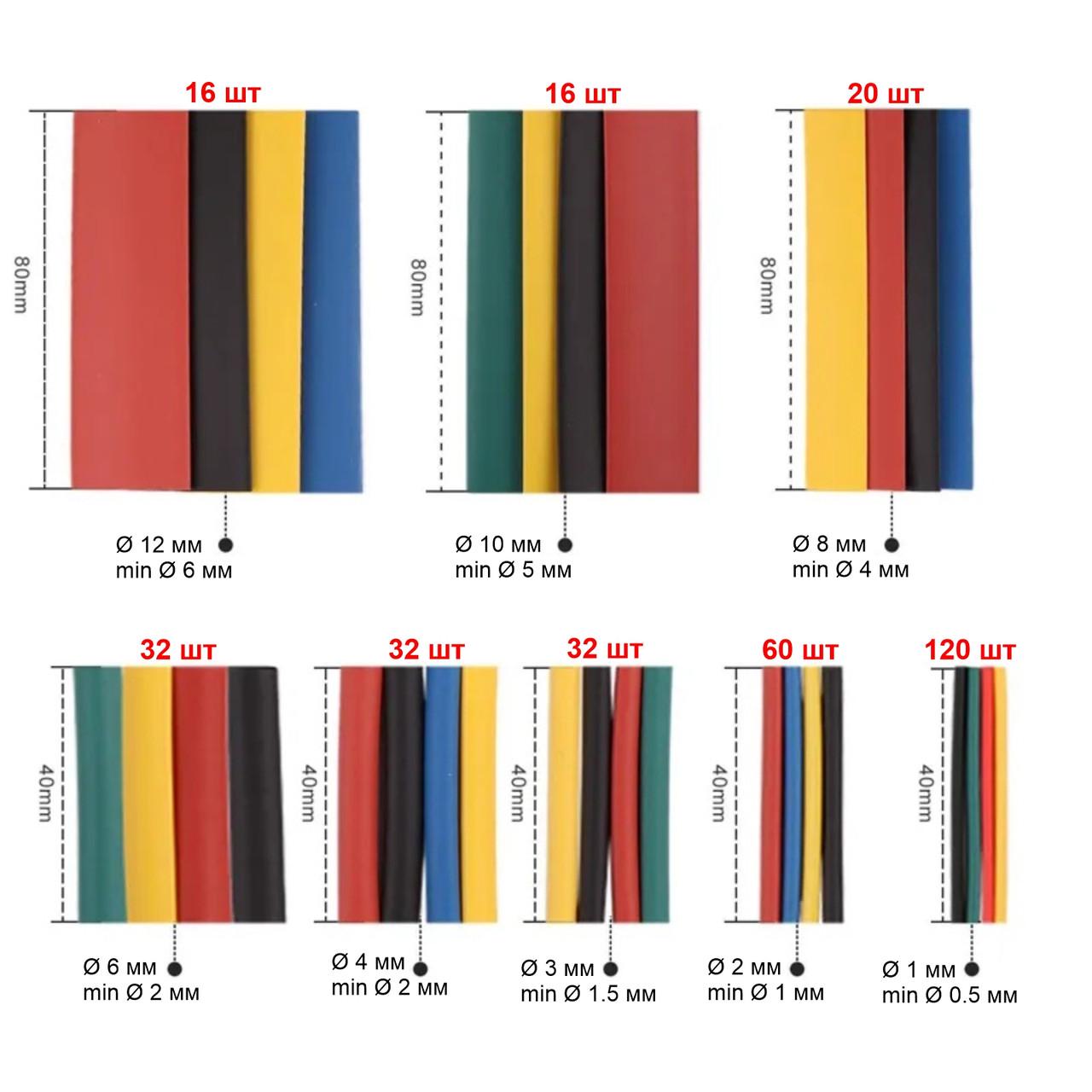 Набір термозбіжних трубок 328 шт. Ø 1-14 мм 8 розмірів/5 кольорів (137671) - фото 7