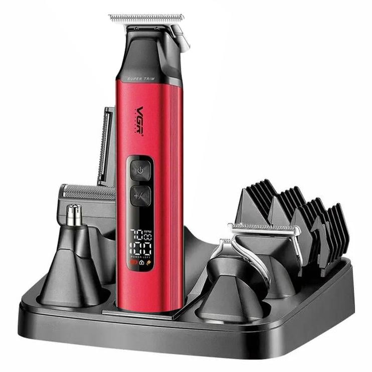 Набір для стрижки VGR 6в1 V-117 RED волосся/бороди/вусів 14 насадок LED-дисплей Червоний (ML-04851)