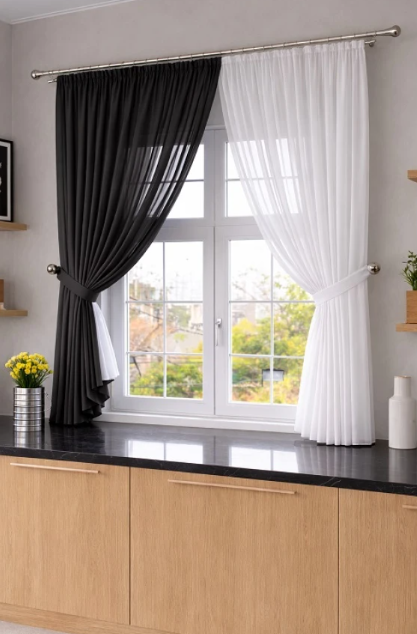 Комплект штор на кухню шифон 250х170 см Черный/Белый (501к 2)