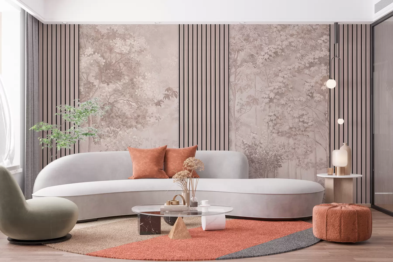 Фотообои флизелиновые Styleo Лес и деревянные рейки w00670v1 300х200 см Розовый