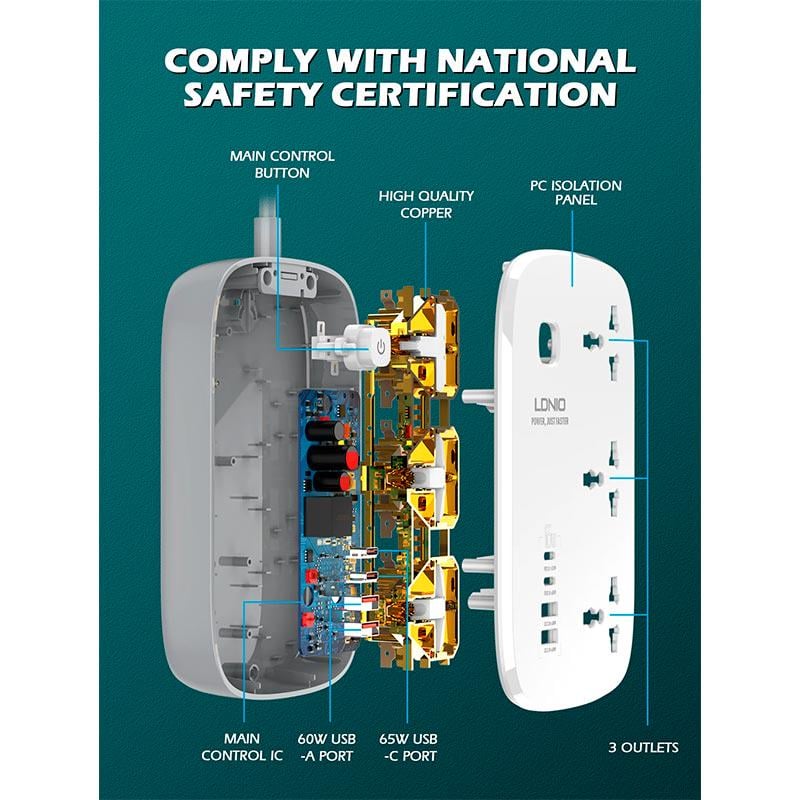 Подовжувач мережний Ldnio SC3416 3 Sockets USB Type-C 65W White - фото 4