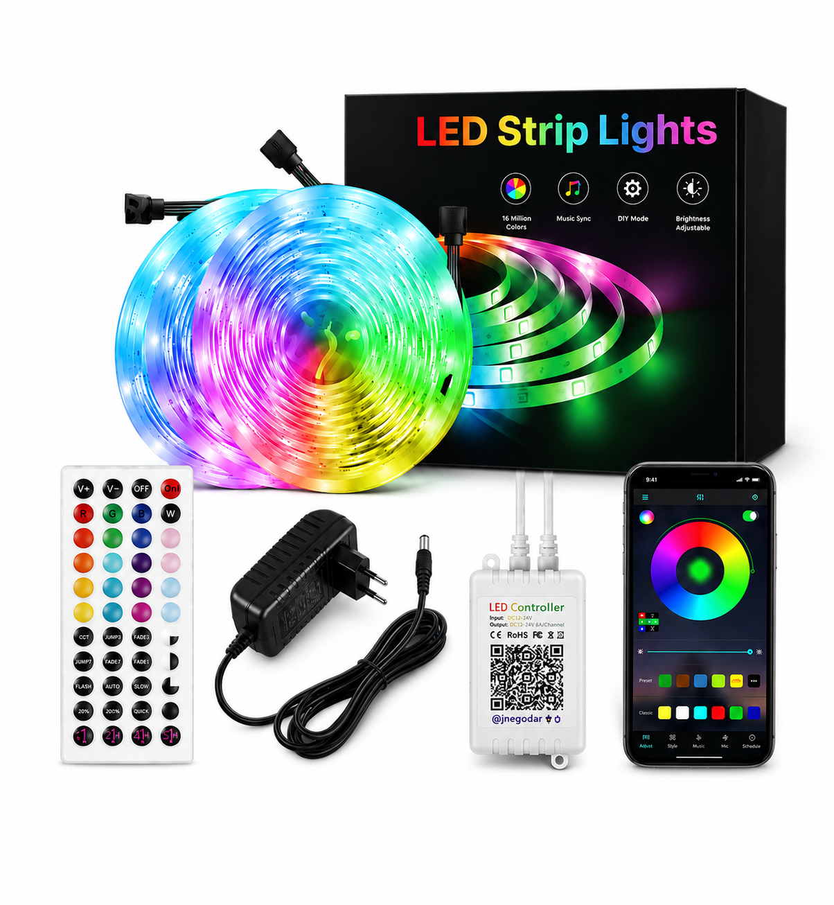 Лента светодиодная RGB 20 м SMD 5050 24V Bluetooth пульт и блок питания (SD101BB) Лента светодиодная RGB 20 м SMD 5050 24V Bluetooth пульт и блок питания (SD101BB)