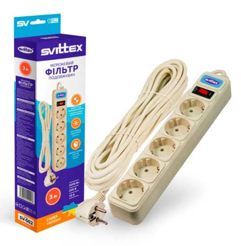 Фільтр-подовжувач мережевий SVITTEX 3 м SV-002 5 гнізд (НФ-00001997) - фото 2 Фільтр-подовжувач мережевий SVITTEX 3 м SV-002 5 гнізд (НФ-00001997) - фото 2