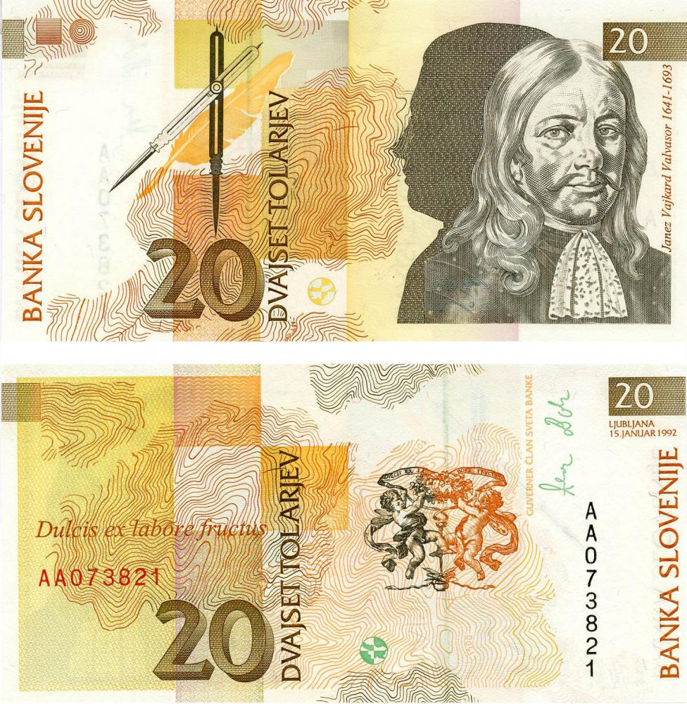 Колекційна банкнота Словенія 20 толарів 1992 UNC P12 (Б07387)