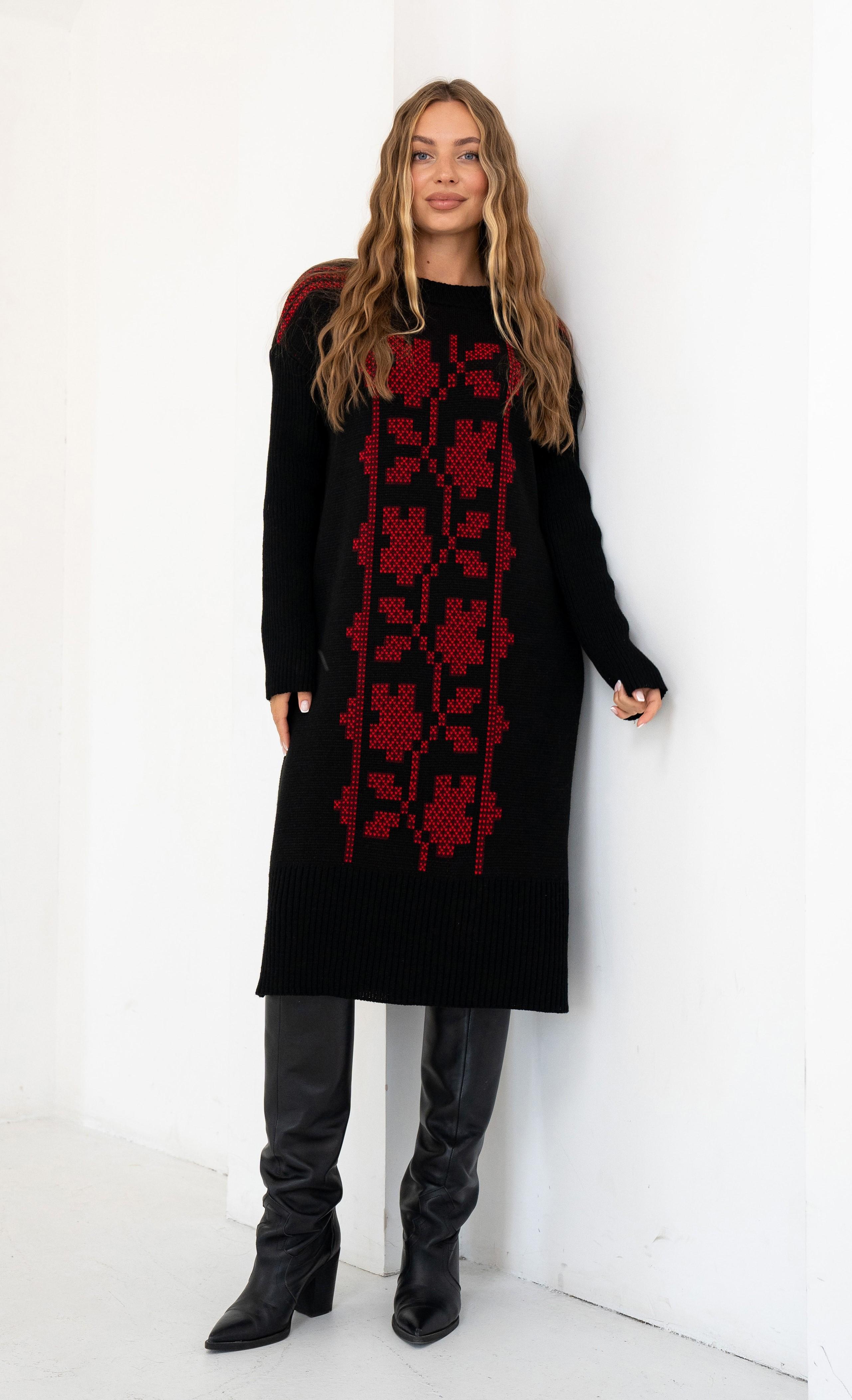 Сукня вязана з орнаментом р. 48-54 Чорно-червоний (ВЕ02) - фото 1 Сукня вязана з орнаментом р. 48-54 Чорно-червоний (ВЕ02) - фото 1