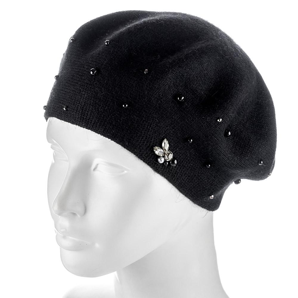 Берет женский Actrics WH767 из ангоры двойной с бусинами L/57-58 Черный