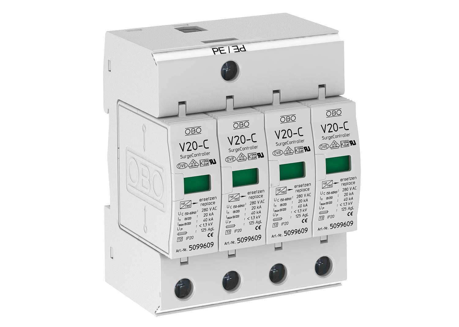 Ограничитель перенапряжения OBO bettermann V20-C 4-280 4P 40кА 280 В класc 2 С (5094627)