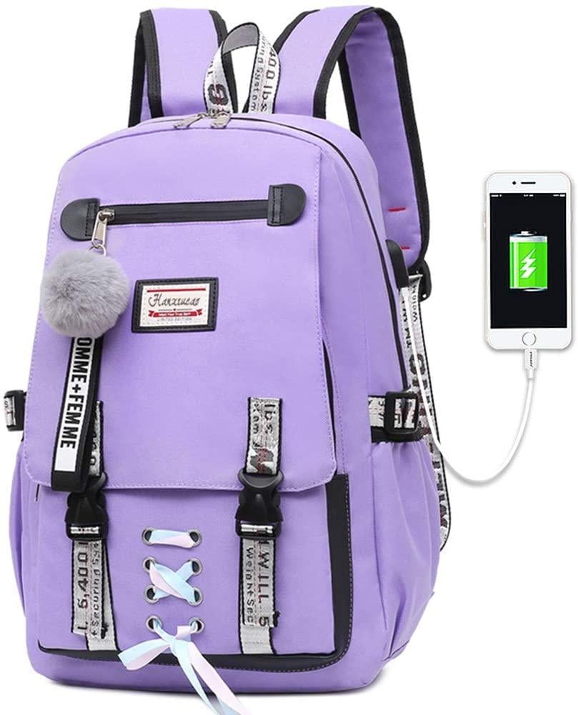 Школьный рюкзак для девочки Harvard с USB портом/замочком и меховым помпоном Сиреневый (2696942249)