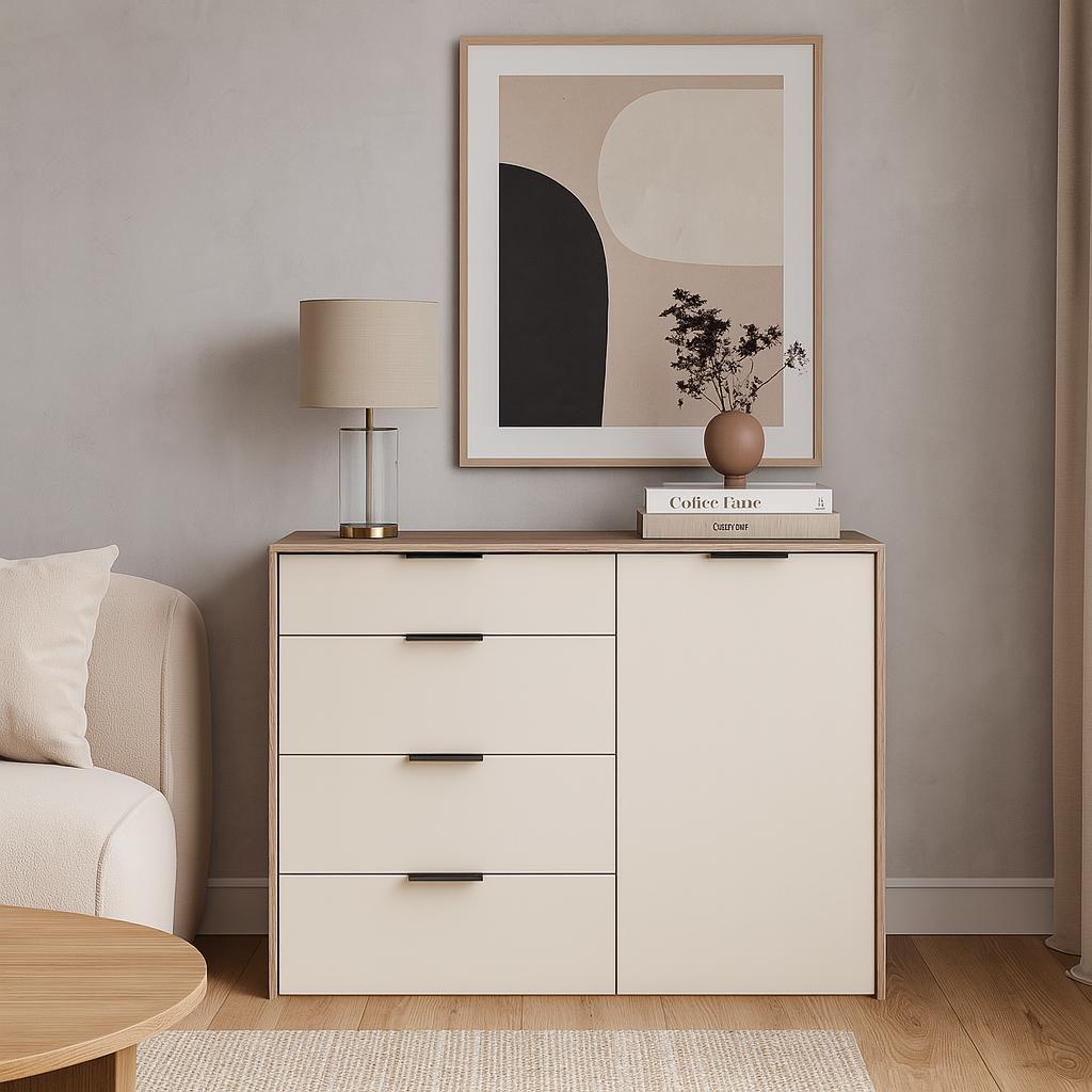 Комод К5 4Я1Д SENAM 880х1200х450 мм корпус ДСП Дуб Сонома фасад МДФ фарба RAL9001 Світло-бежевий Комод К5 4Я1Д SENAM 880х1200х450 мм корпус ДСП Дуб Сонома фасад МДФ фарба RAL9001 Світло-бежевий