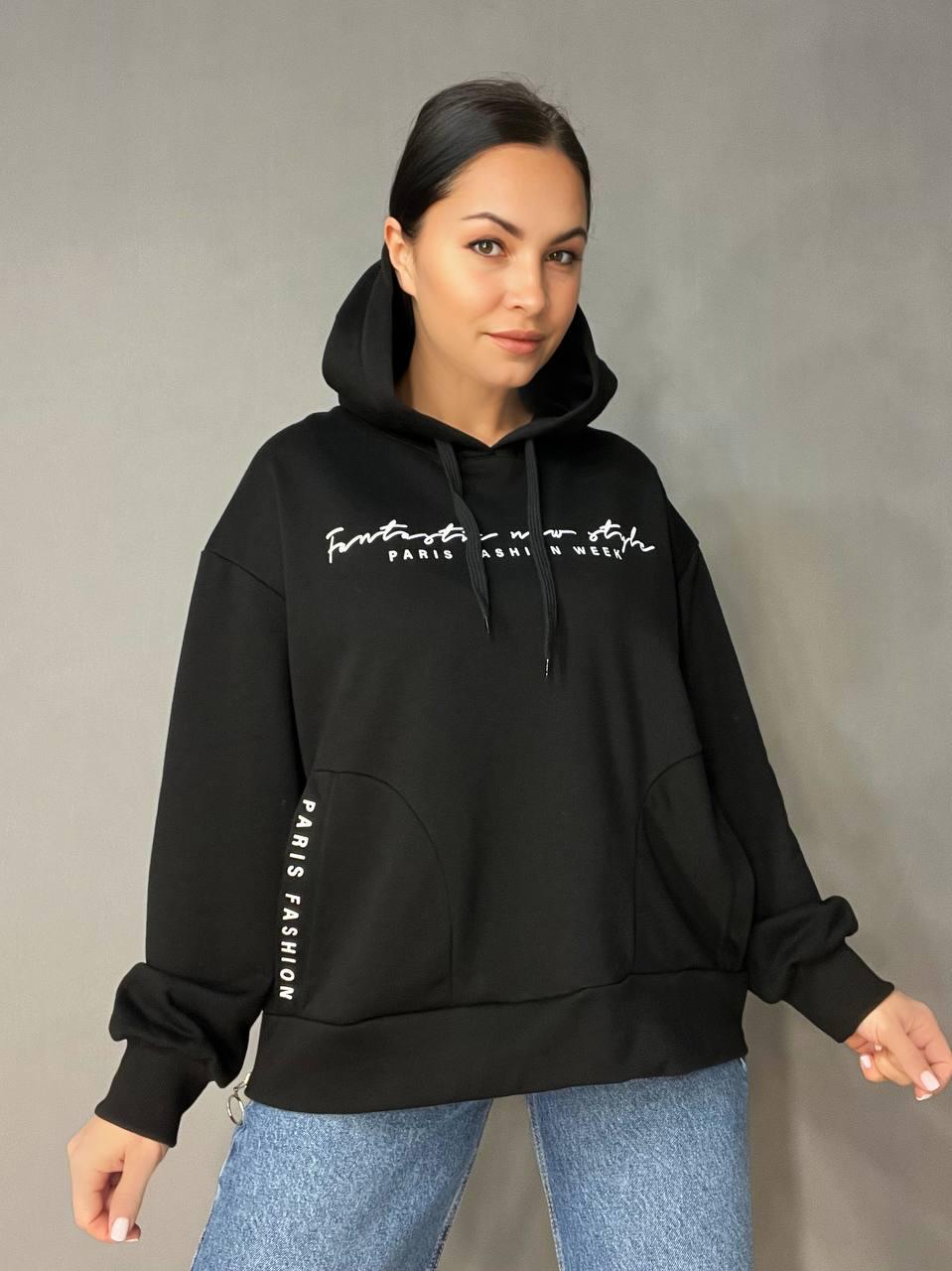 Худи женское JOGGY 8072 оверсайз с капюшоном удлиненное с карманами и молнией S Черный (3322) - фото 5 Худи женское JOGGY 8072 оверсайз с капюшоном удлиненное с карманами и молнией S Черный (3322) - фото 5