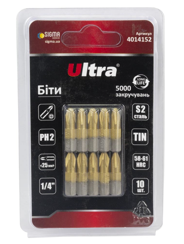 Біти Ultra PH2x25 мм 1/4" 10 шт. S2 TIN в блістері (4014152)