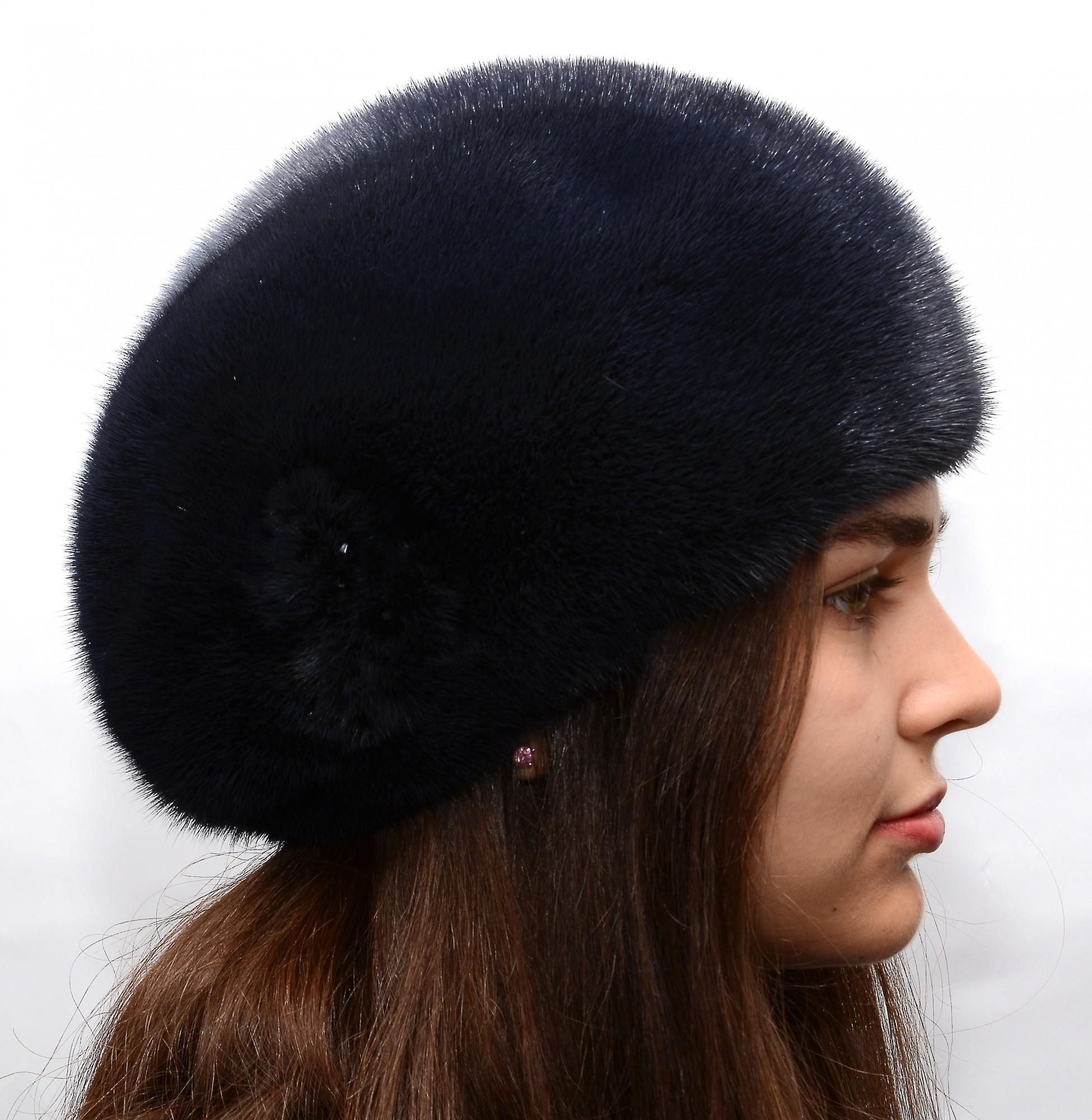 Женский зимний берет Меховой стиль Классический из натурального меха норки Темно-синий (024/H/1)