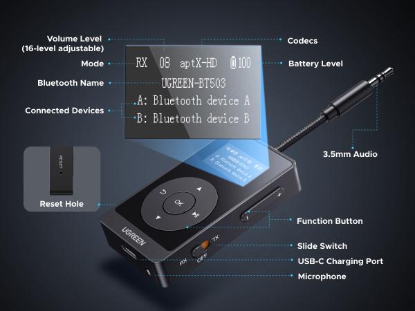 Адаптер передатчик-приемник с микрофоном для звонков Bluetooth 5.3 UGREEN BT503 300 mAh Black (88275) - фото 6