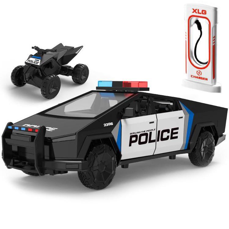 Игрушечная машинка металлическая Tesla Cybertruck Полицейская 1:24 модель инерционная свет/звук с квадроциклом (33731543)