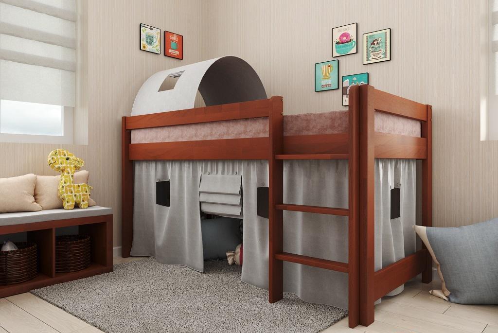 Кровать-чердак из натурального дерева сосна Arbor Drev Адель текстиль без матраса 80х190 см Серый/Яблоня (20432)