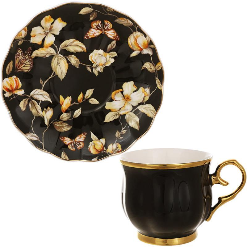 Чайно-кофейный фарфоровый сервиз Black Magnolia 6 чашек с блюдцами 200 мл