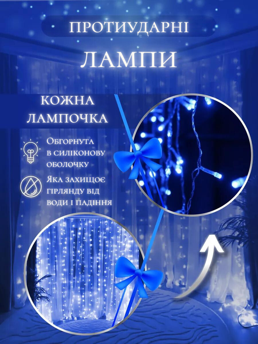 Штора-гірлянда на вікно новорічна світлодіодна Синій (30307093) - фото 4 Штора-гірлянда на вікно новорічна світлодіодна Синій (30307093) - фото 4