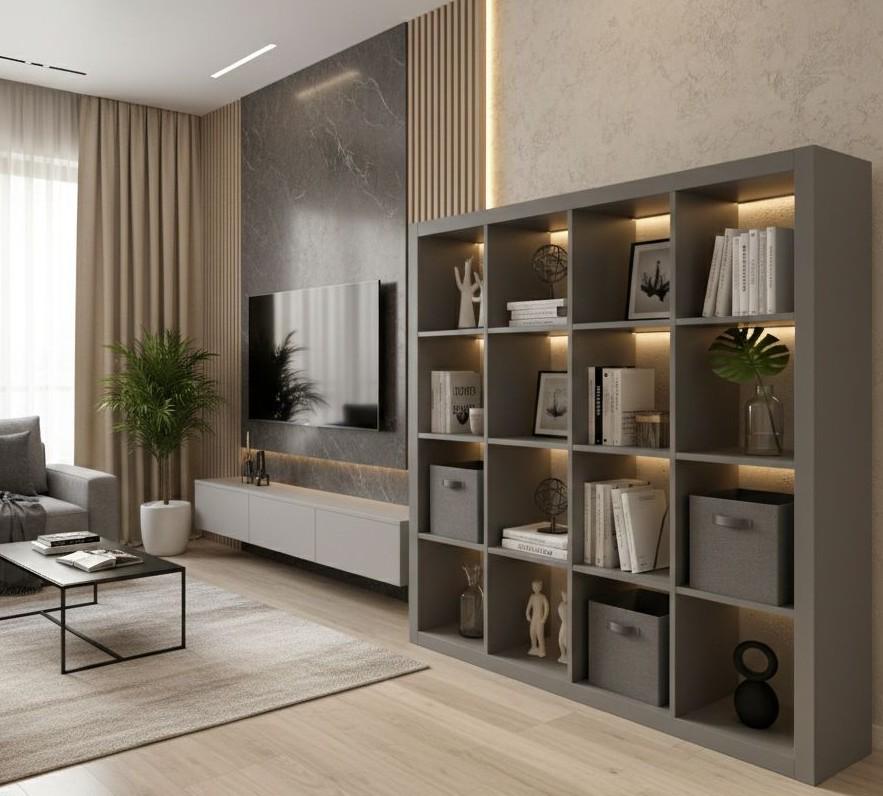 Стелаж у вітальню Inteo Мікс 4х4 1500х1500х290 мм 50 мм Платиновий сірий (33233467)