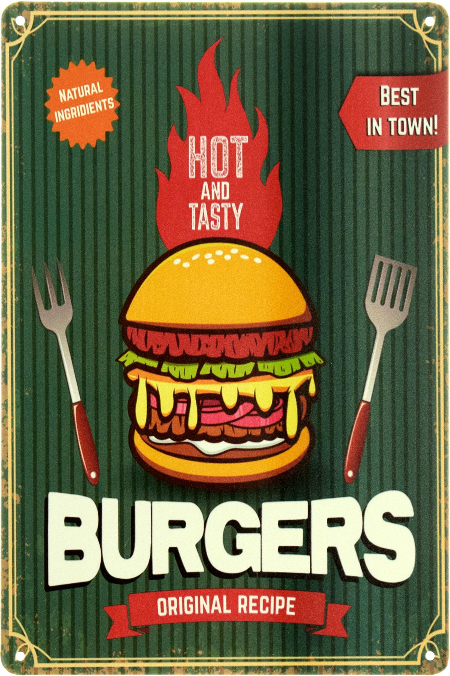 Табличка металлическая "Burgers Hot And Tasty Recipe" 20x30 см (ms-104037)