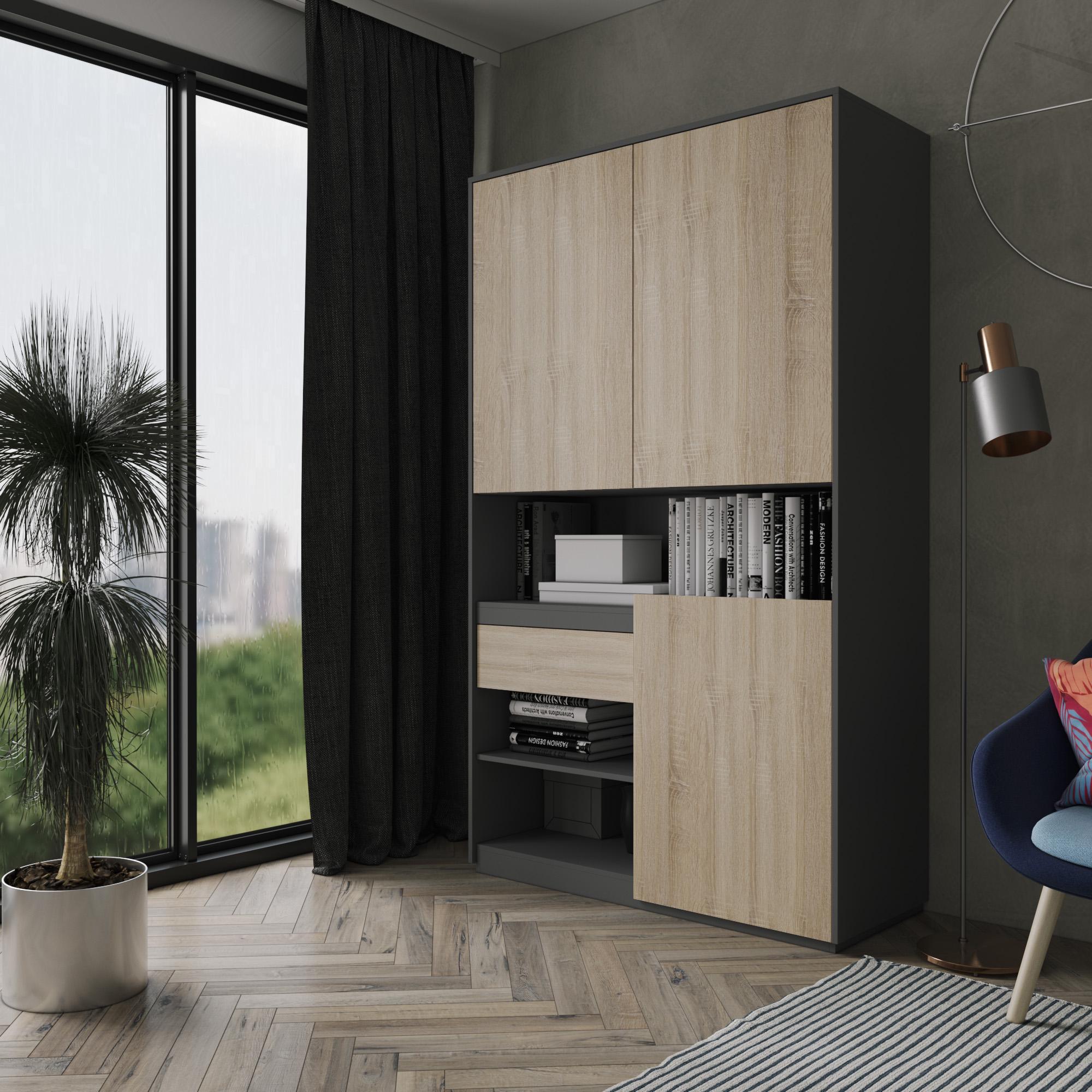 Шафа розпашна з відкритими полицями для книг 1242x2100x500 мм Антрацитовий/Дуб сонома (mrs-1-an-sn)