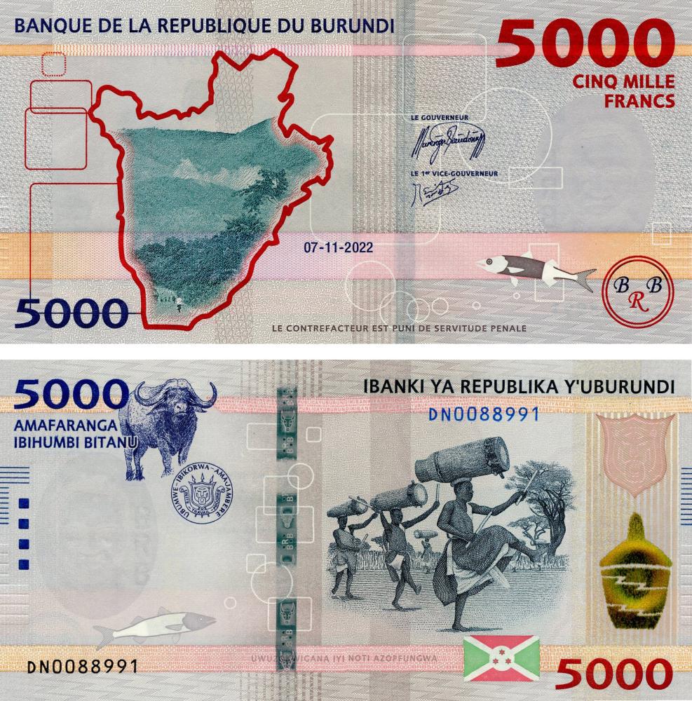 Коллекционная банкнота Бурунди 5000 франков 2022 UNC Бык Буйвол (Pnew)
