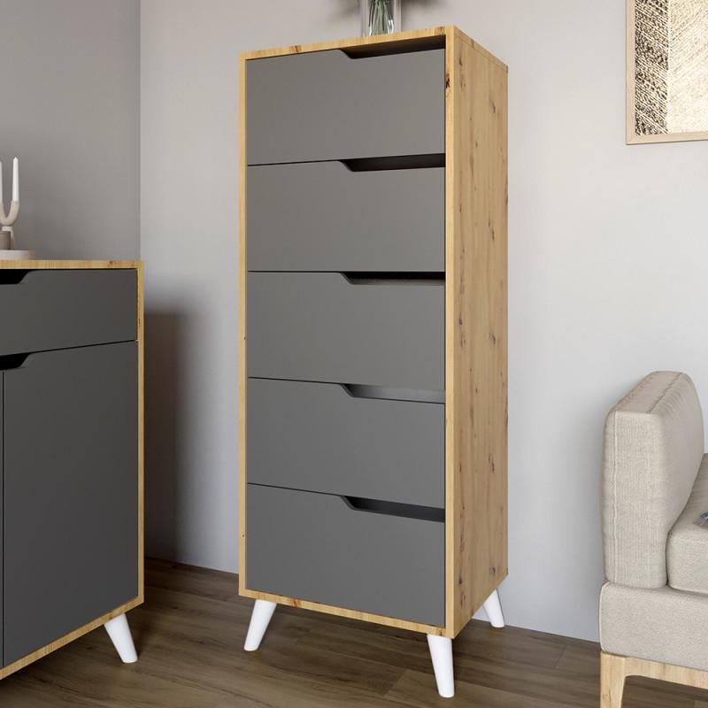 Комод для спальни с выдвижными ящиками Еверест 5Ш Борн 500 с белыми ножками 50х40х132,4 см Дуб артизан/Антрацитовый (23875356)